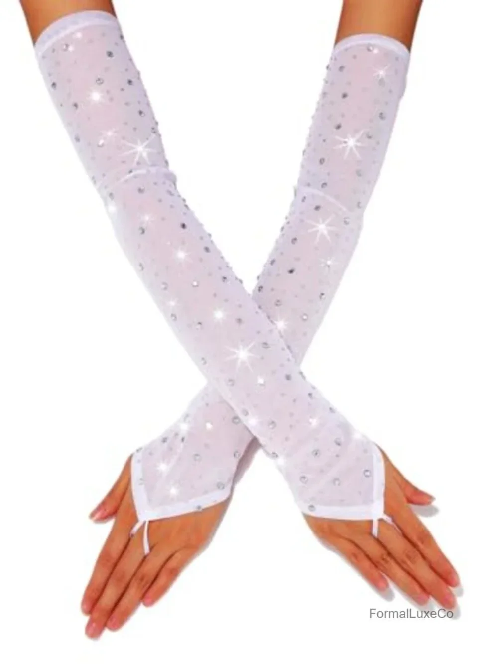 Fingerless Rhinestone Gloves Sheer Tulle Sparkly Prom Gloves